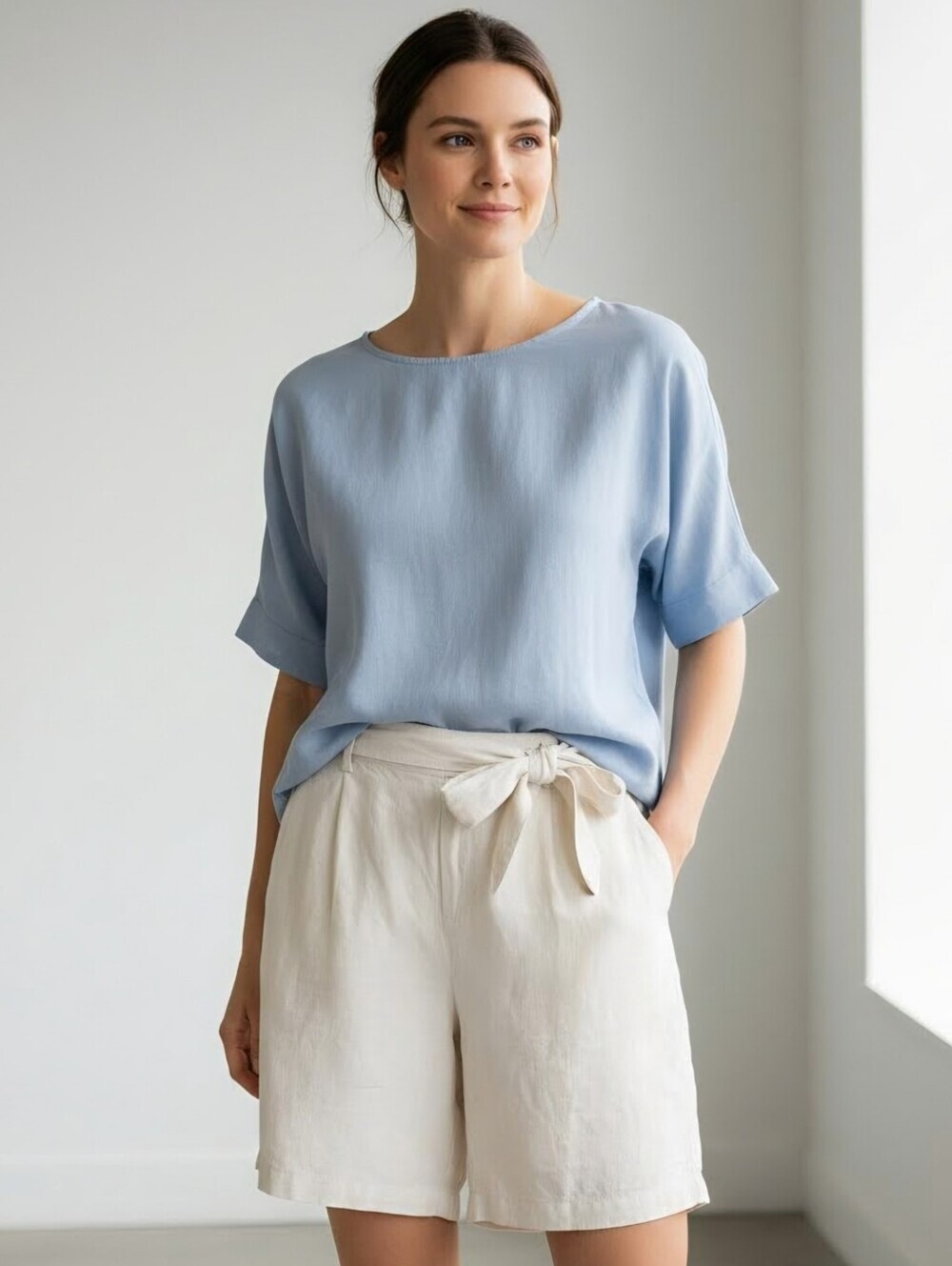 New! H Halston 100% Linen High Waist Belted Mid Length Shorts